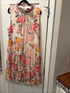 Maison Tara Floral sleeveless Tiered Midi Dress in Cream, Pink, Coral, Yellow
